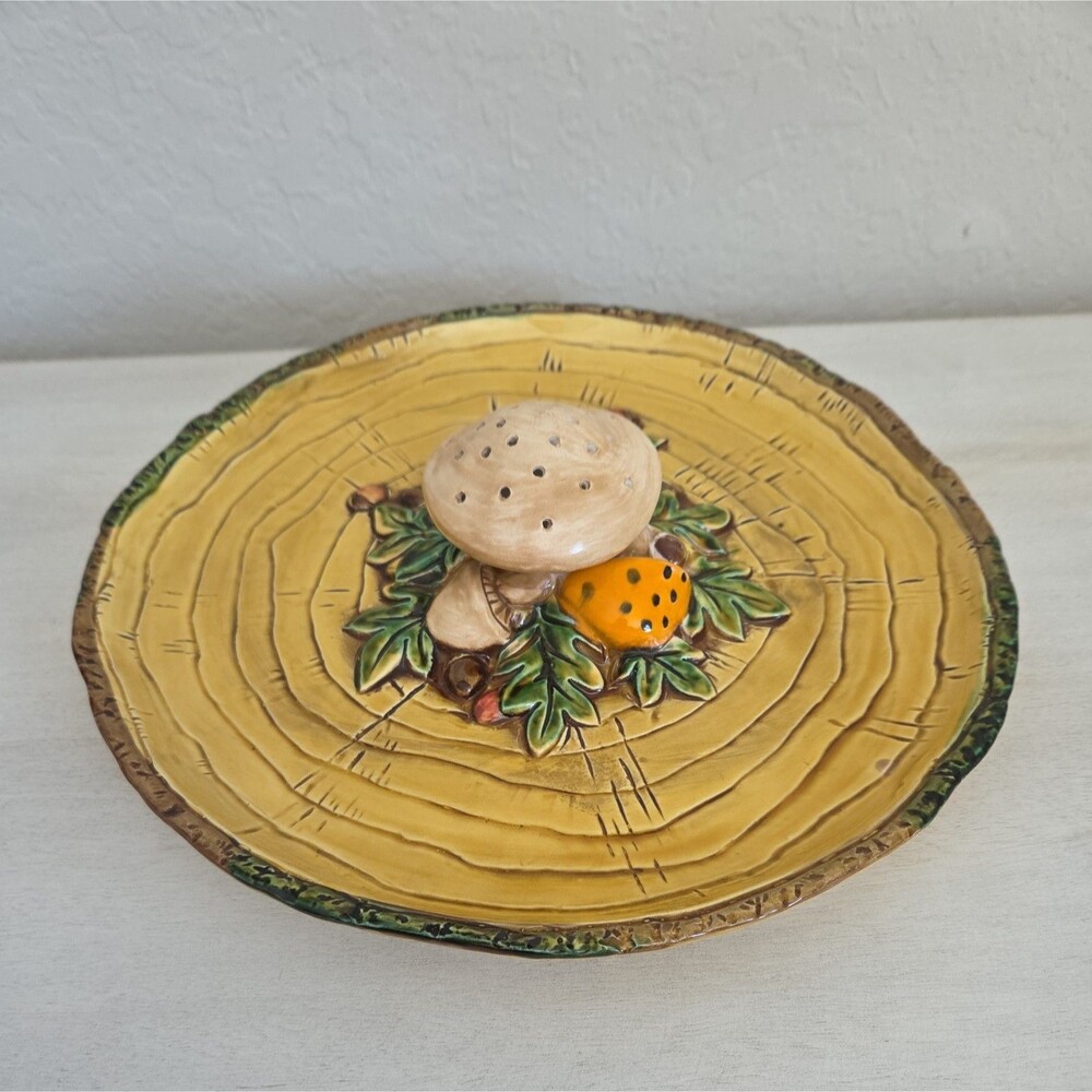 Vintage Lefton Merry Mushroom Ceramic Appetizer Hors d'oeuvre Plate Cottagecore - Picture 2 of 13